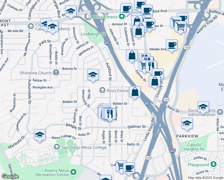 map of restaurants, bars, coffee shops, grocery stores, and more near 3781 Ashford Street in San Diego