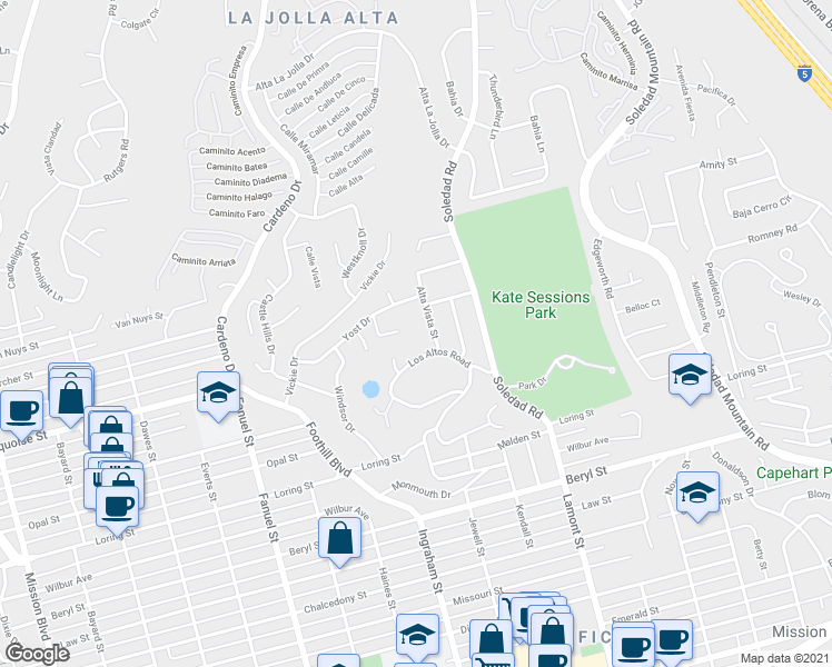 map of restaurants, bars, coffee shops, grocery stores, and more near 5206 Alta Vista Street in San Diego