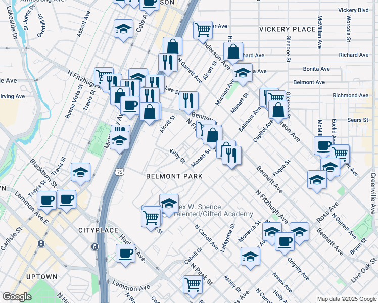 map of restaurants, bars, coffee shops, grocery stores, and more near 24 Coles Manor Place in Dallas