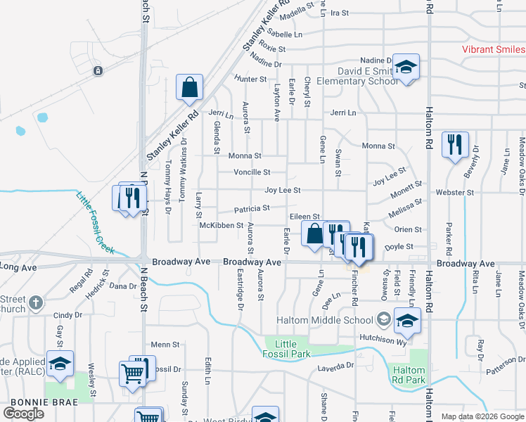 map of restaurants, bars, coffee shops, grocery stores, and more near 4308 Patricia Street in Haltom City