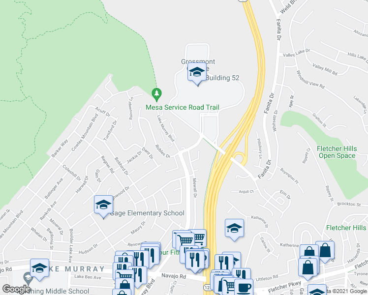 map of restaurants, bars, coffee shops, grocery stores, and more near 8910 Highwood Drive in San Diego