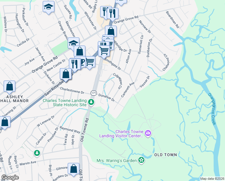 map of restaurants, bars, coffee shops, grocery stores, and more near 1622 Canty Lane in Charleston