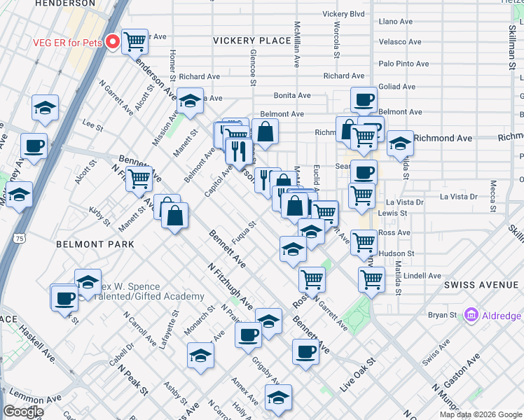 map of restaurants, bars, coffee shops, grocery stores, and more near 2110 Moser Avenue in Dallas