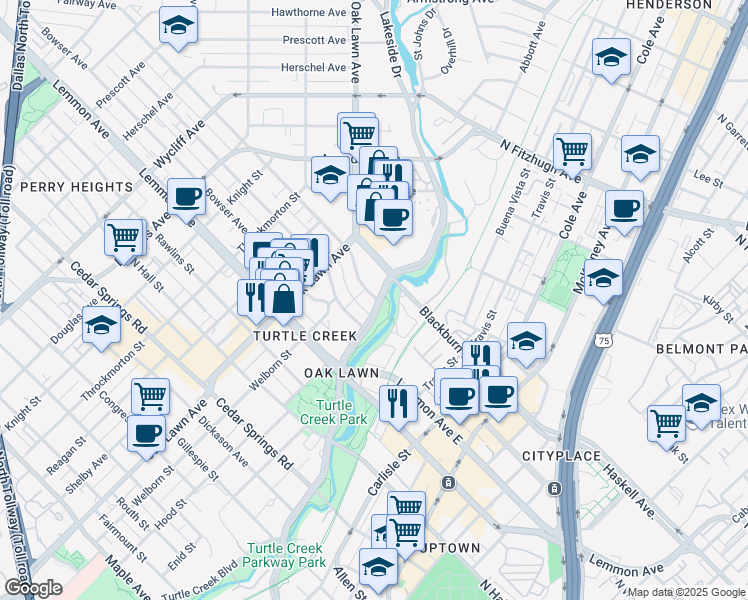 map of restaurants, bars, coffee shops, grocery stores, and more near 3700 Turtle Creek Boulevard in Dallas