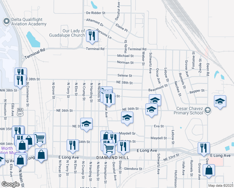 map of restaurants, bars, coffee shops, grocery stores, and more near 1411 Northeast 37th Street in Fort Worth