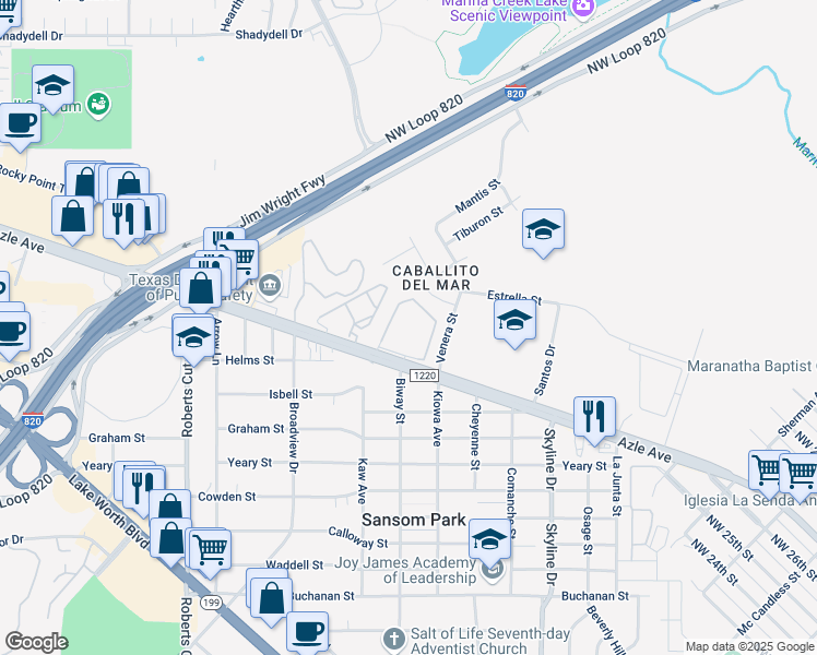 map of restaurants, bars, coffee shops, grocery stores, and more near 5640 Azle Avenue in Fort Worth