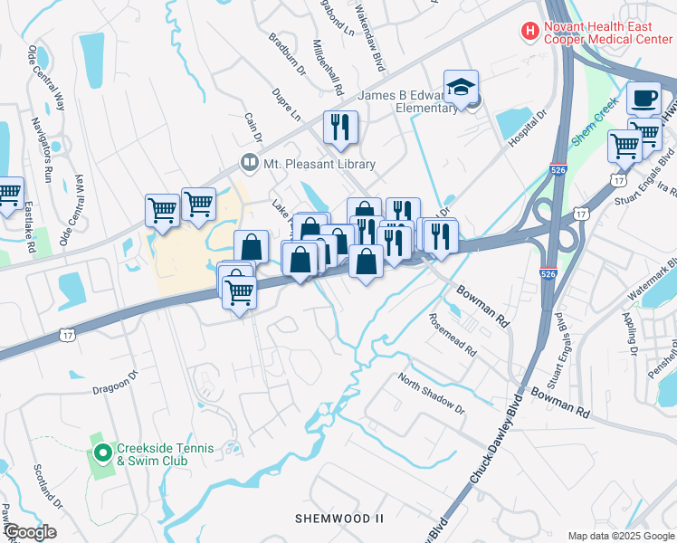 map of restaurants, bars, coffee shops, grocery stores, and more near 1460 Highway 17 in Mount Pleasant
