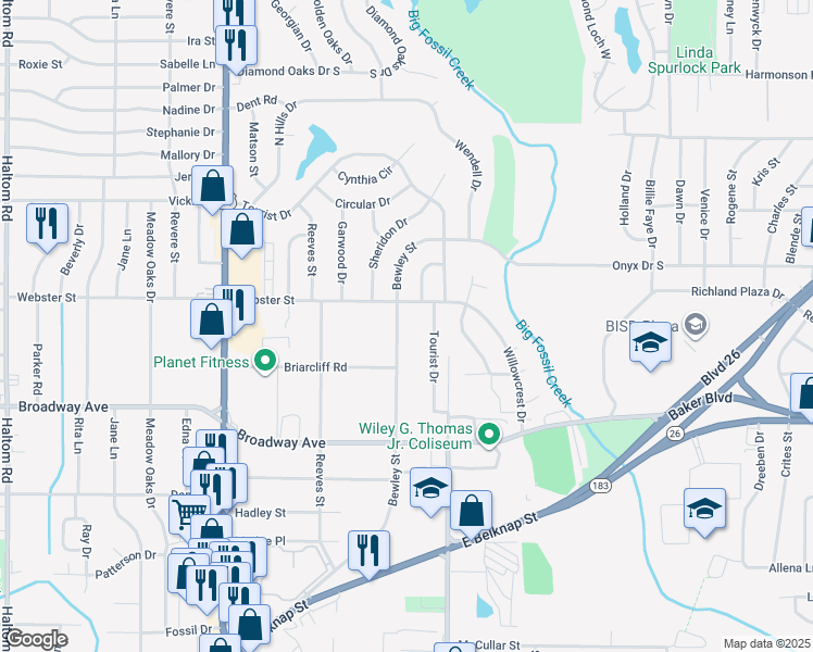 map of restaurants, bars, coffee shops, grocery stores, and more near 3432 Bewley Street in Haltom City