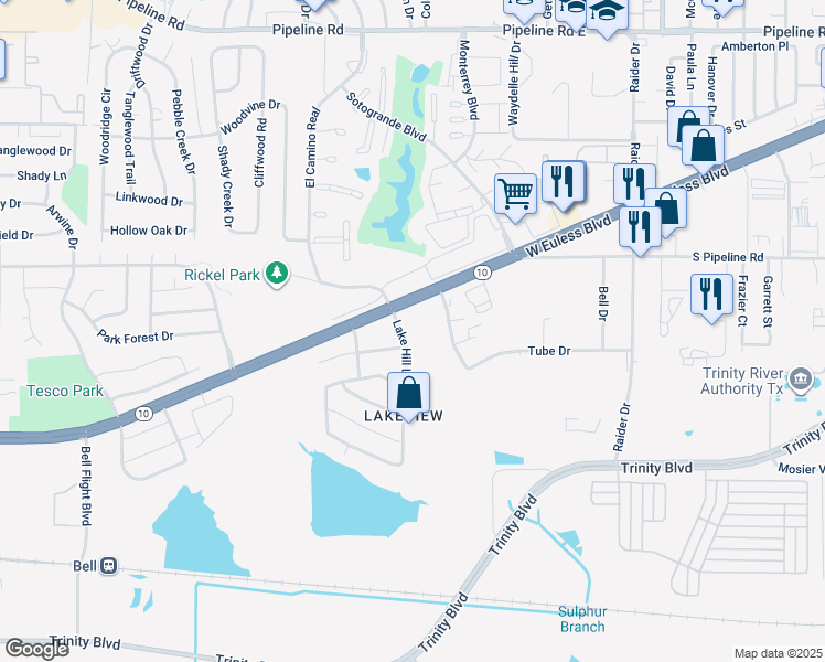 map of restaurants, bars, coffee shops, grocery stores, and more near 3610 Lake Hill Ln in Hurst