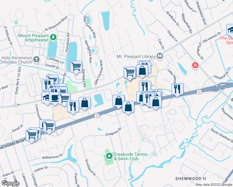 map of restaurants, bars, coffee shops, grocery stores, and more near 851 Sandlake Drive in Mount Pleasant