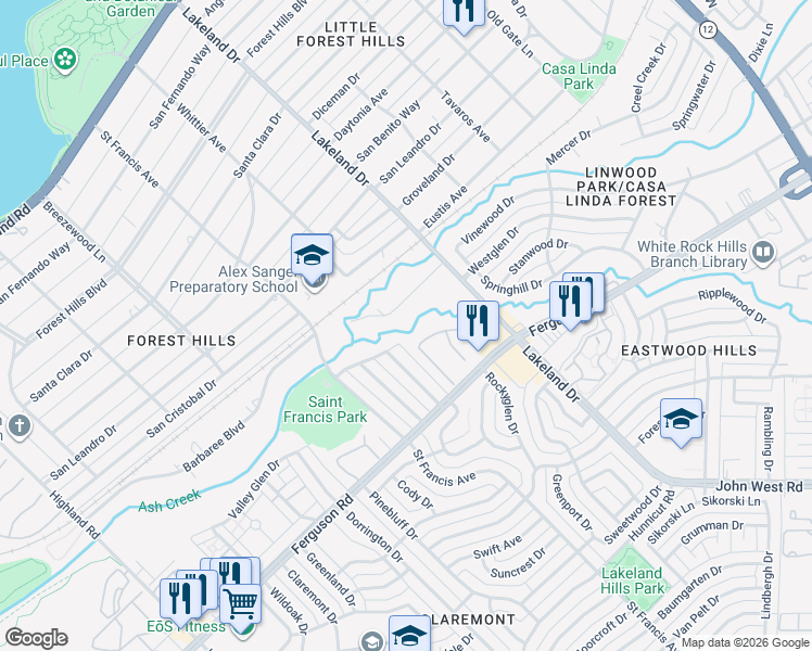 map of restaurants, bars, coffee shops, grocery stores, and more near 8500 Arturo Drive in Dallas