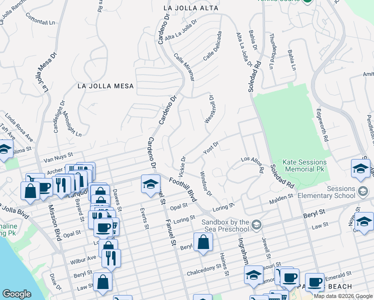 map of restaurants, bars, coffee shops, grocery stores, and more near 5262 Vickie Drive in San Diego