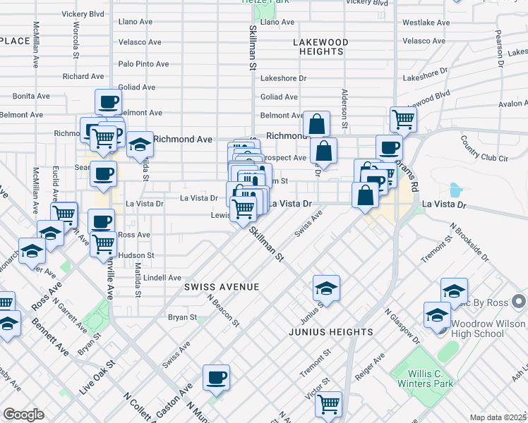 map of restaurants, bars, coffee shops, grocery stores, and more near 5842 Live Oak Street in Dallas