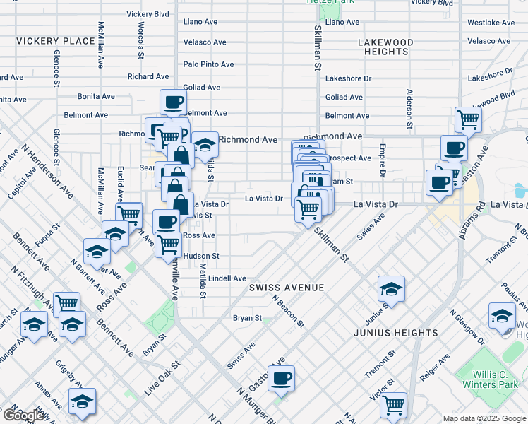 map of restaurants, bars, coffee shops, grocery stores, and more near 5951 Lewis Street in Dallas