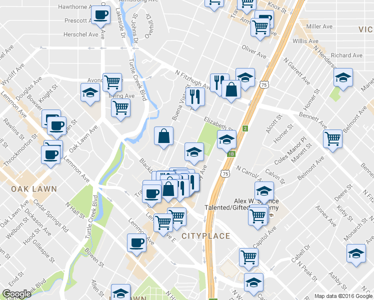 map of restaurants, bars, coffee shops, grocery stores, and more near 3959 Cole Avenue in Dallas