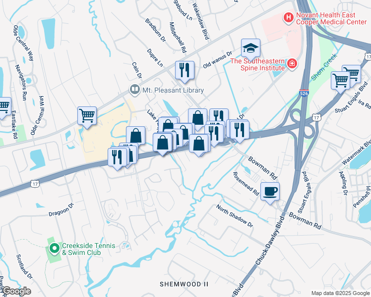 map of restaurants, bars, coffee shops, grocery stores, and more near 2928 U.S. 17 Bypass in Mount Pleasant