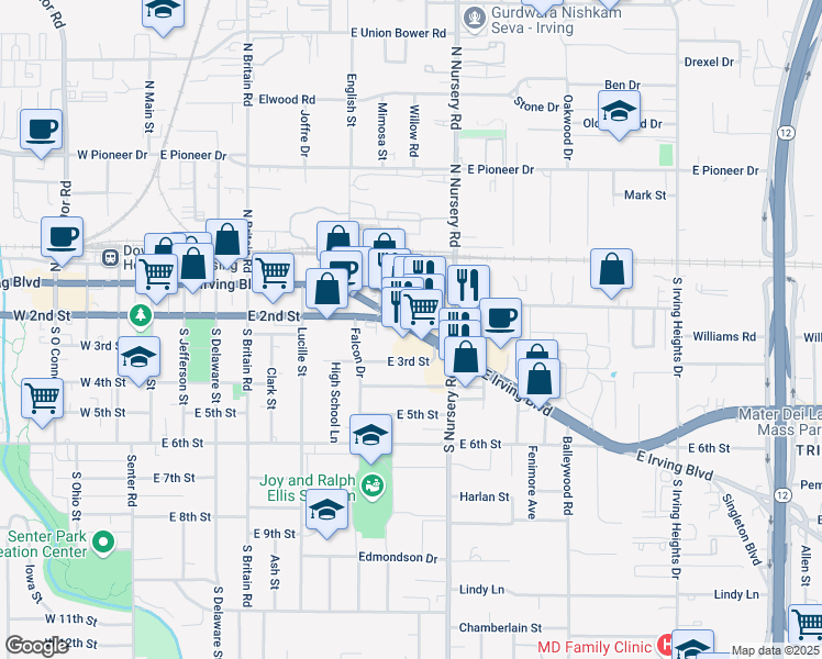 map of restaurants, bars, coffee shops, grocery stores, and more near 824 East Irving Boulevard in Irving