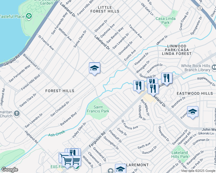 map of restaurants, bars, coffee shops, grocery stores, and more near 8500 Arturo Drive in Dallas