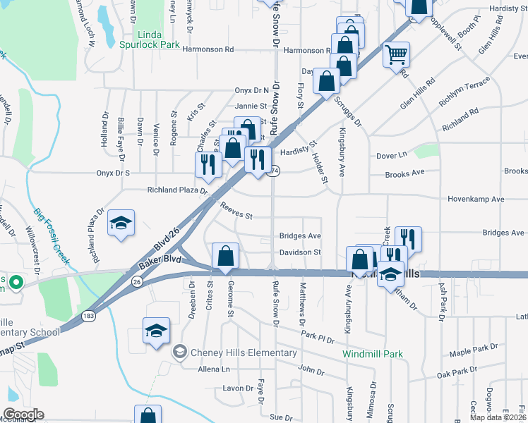 map of restaurants, bars, coffee shops, grocery stores, and more near 6637 Reeves Street in Richland Hills