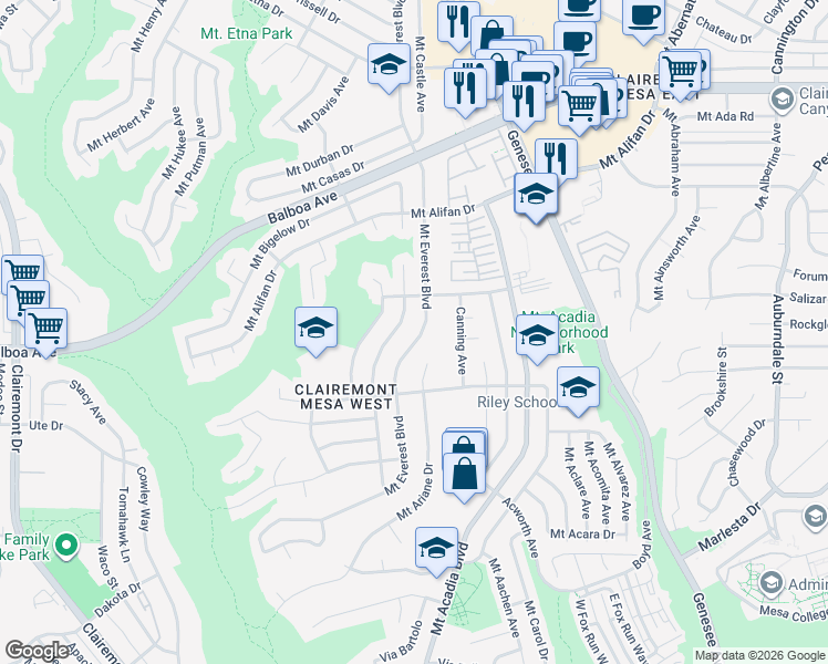 map of restaurants, bars, coffee shops, grocery stores, and more near 3948 Mount Everest Boulevard in San Diego