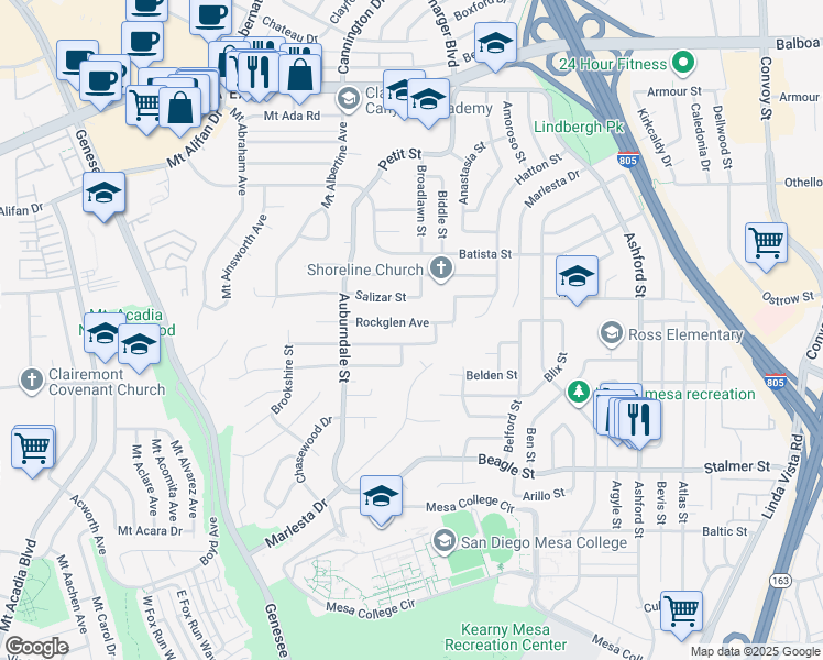map of restaurants, bars, coffee shops, grocery stores, and more near 6951 Rockglen Avenue in San Diego