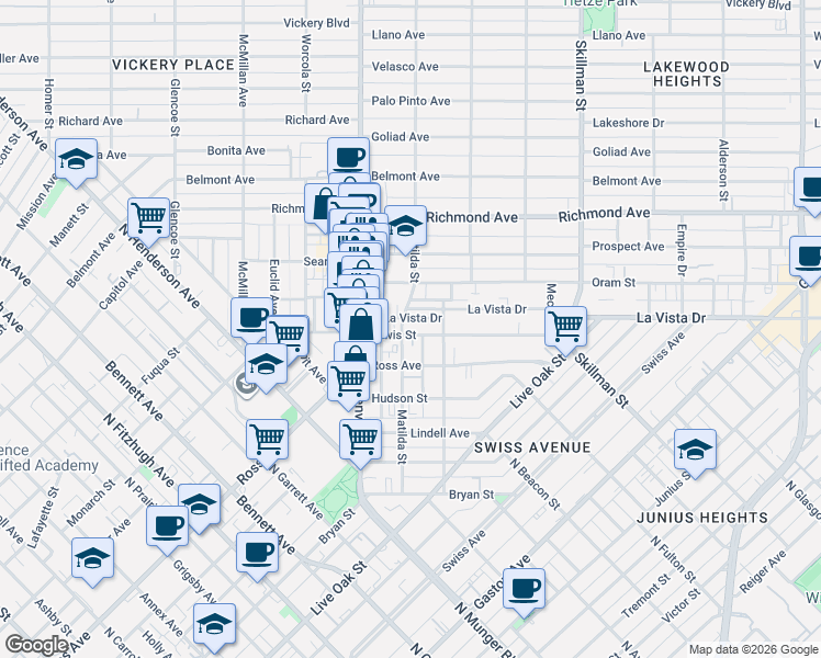map of restaurants, bars, coffee shops, grocery stores, and more near 5705 Lewis Street in Dallas