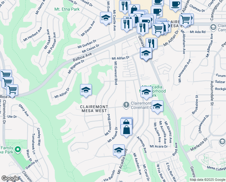 map of restaurants, bars, coffee shops, grocery stores, and more near 3948 Mount Everest Boulevard in San Diego