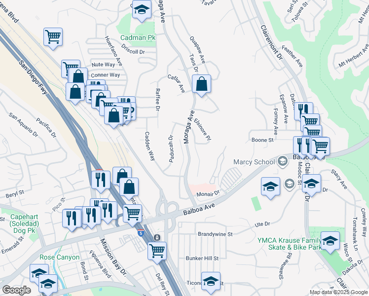 map of restaurants, bars, coffee shops, grocery stores, and more near 3947 Southview Drive in San Diego