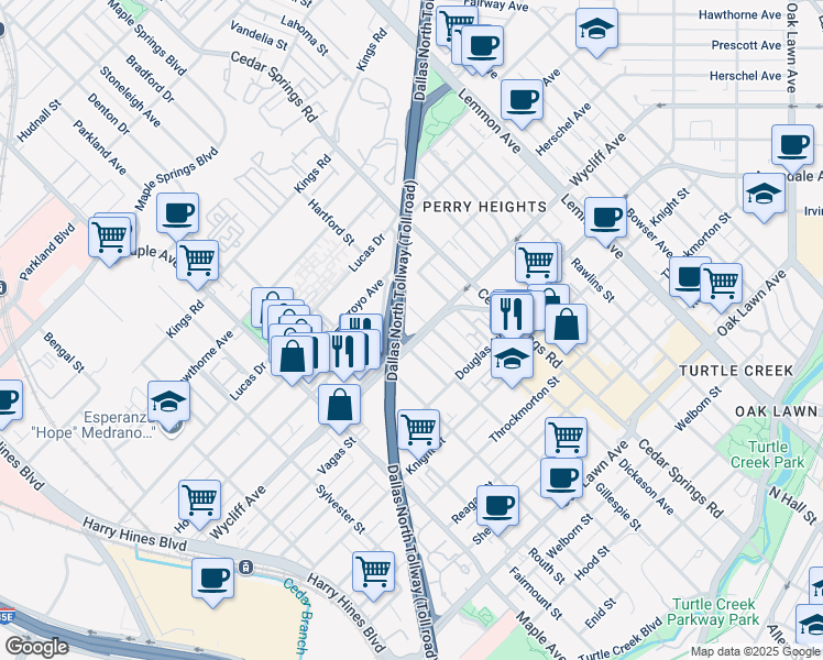 map of restaurants, bars, coffee shops, grocery stores, and more near 2801 Wycliff Avenue in Dallas
