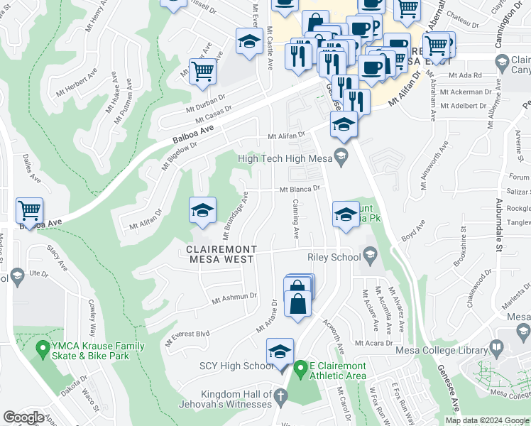 map of restaurants, bars, coffee shops, grocery stores, and more near 3948 Mount Everest Boulevard in San Diego