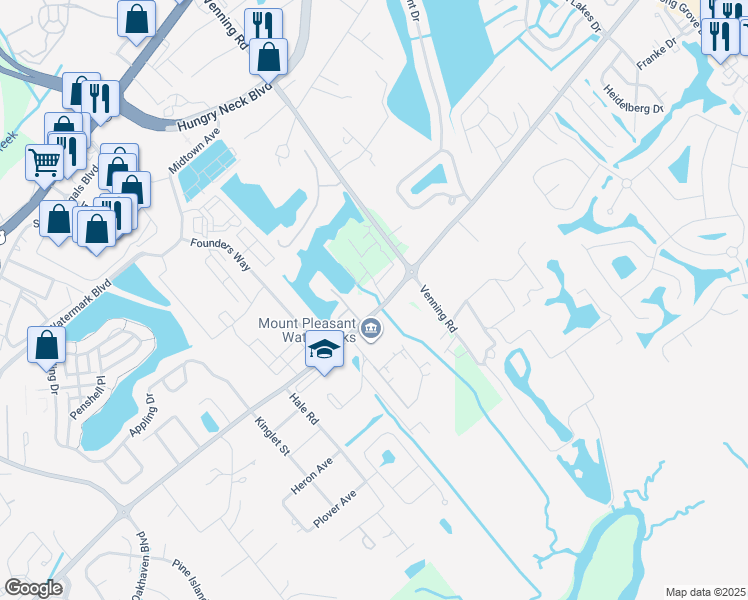 map of restaurants, bars, coffee shops, grocery stores, and more near 1632 Rifle Range Road in Mount Pleasant