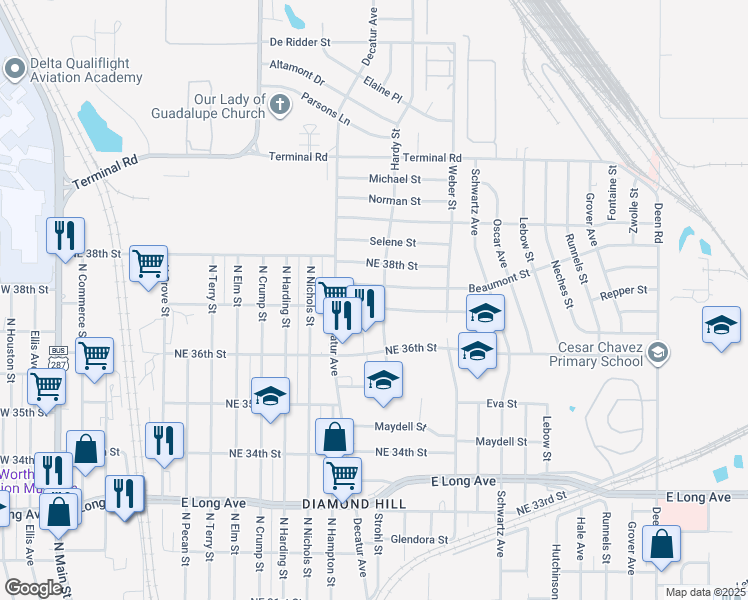 map of restaurants, bars, coffee shops, grocery stores, and more near 1411 Northeast 37th Street in Fort Worth