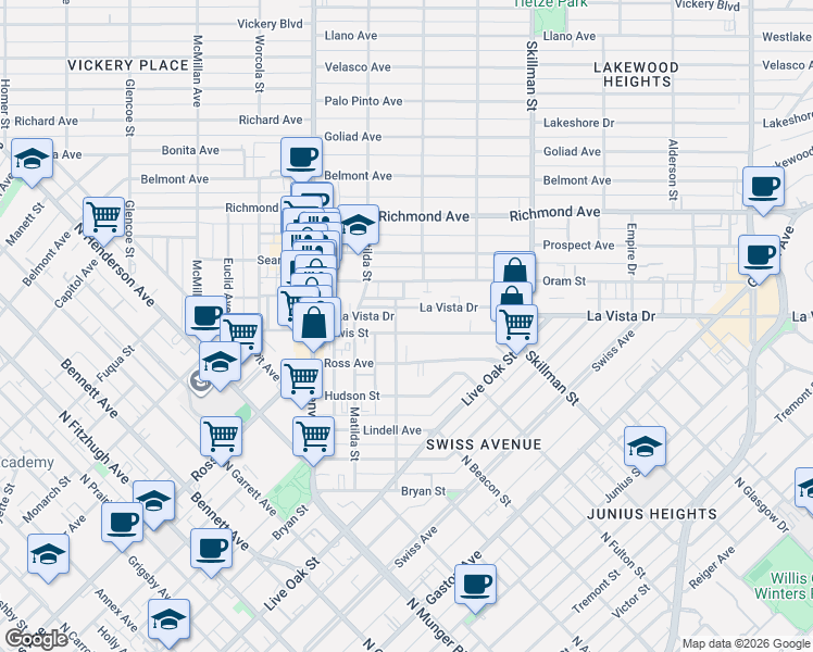map of restaurants, bars, coffee shops, grocery stores, and more near 5909 Lewis Street in Dallas