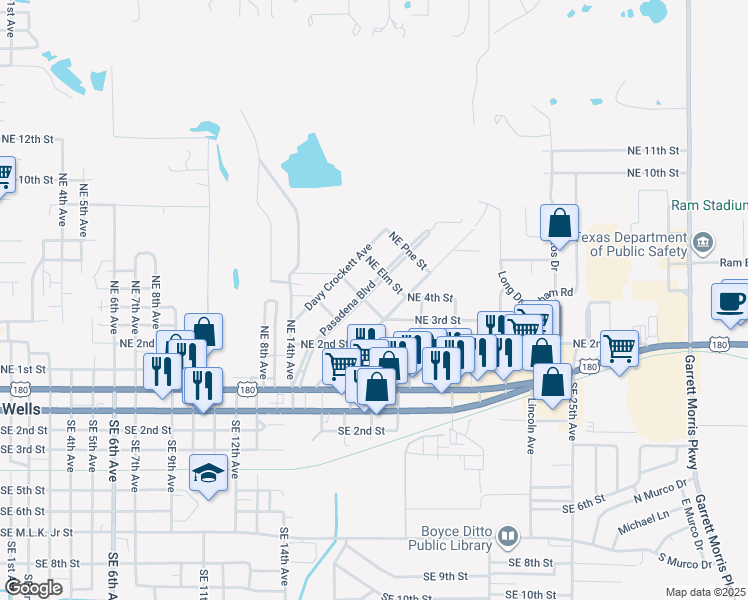 map of restaurants, bars, coffee shops, grocery stores, and more near 500 Pasadena Boulevard in Mineral Wells