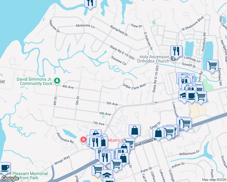 map of restaurants, bars, coffee shops, grocery stores, and more near 357 Sugar Cane Way in Mount Pleasant