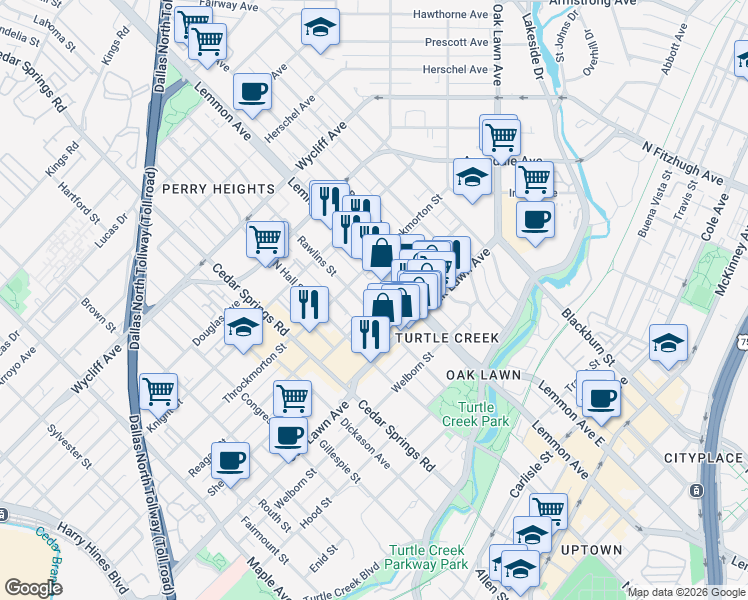 map of restaurants, bars, coffee shops, grocery stores, and more near 3827 Lemmon Avenue in Dallas
