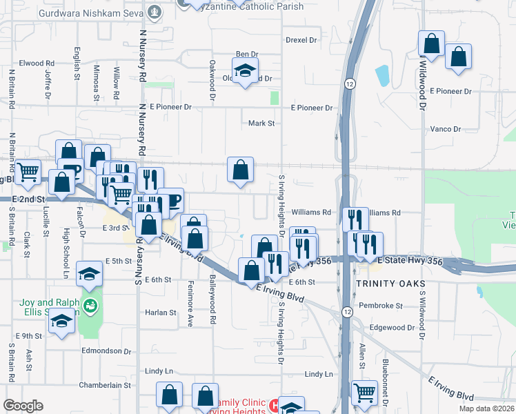 map of restaurants, bars, coffee shops, grocery stores, and more near 206 Lydia Circle in Irving