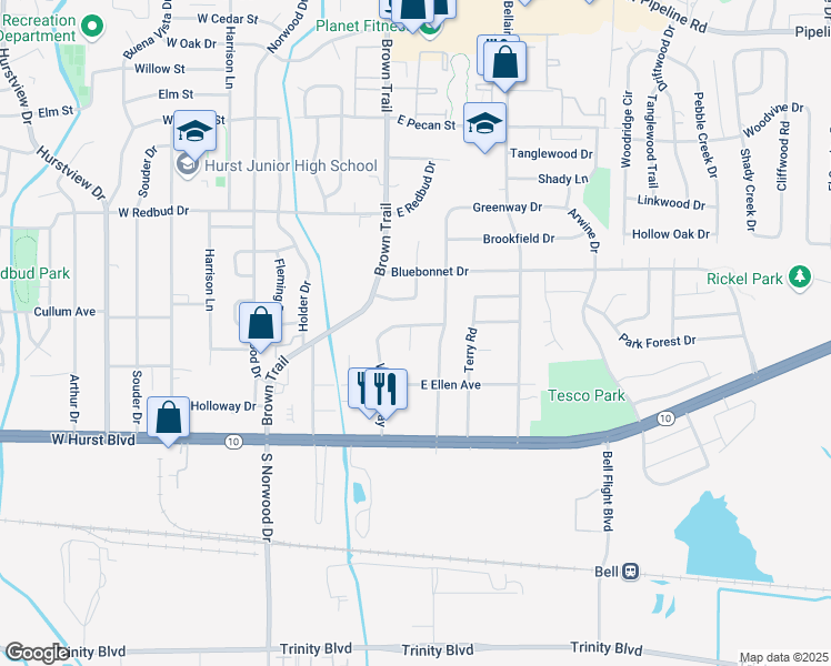 map of restaurants, bars, coffee shops, grocery stores, and more near 308 Wanda Way in Hurst