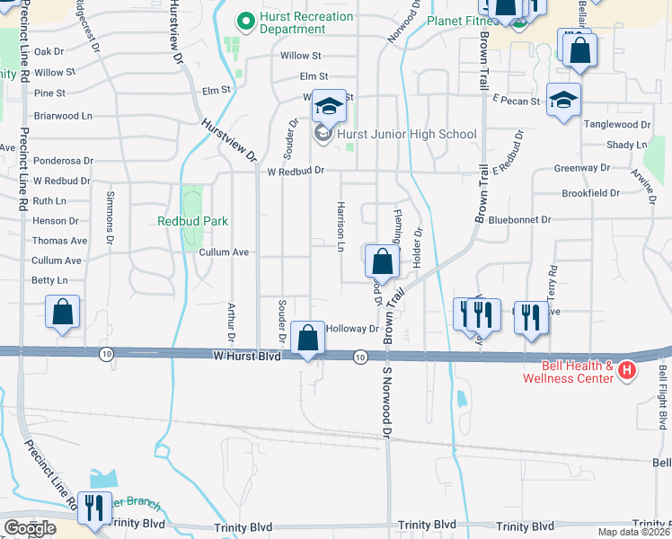 map of restaurants, bars, coffee shops, grocery stores, and more near 225 Harrison Lane in Hurst