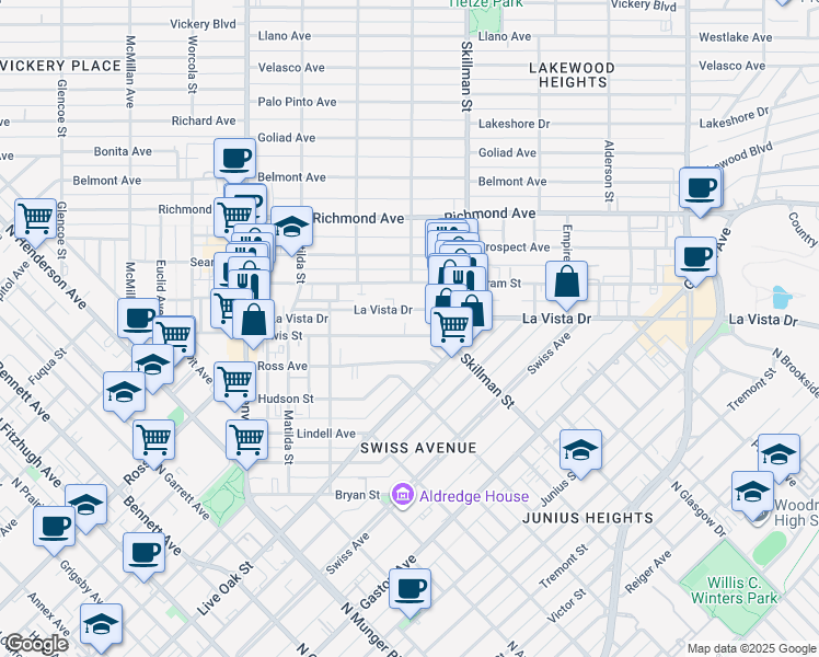 map of restaurants, bars, coffee shops, grocery stores, and more near 6013 Lewis Street in Dallas