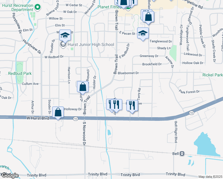 map of restaurants, bars, coffee shops, grocery stores, and more near 225 Wanda Way in Hurst