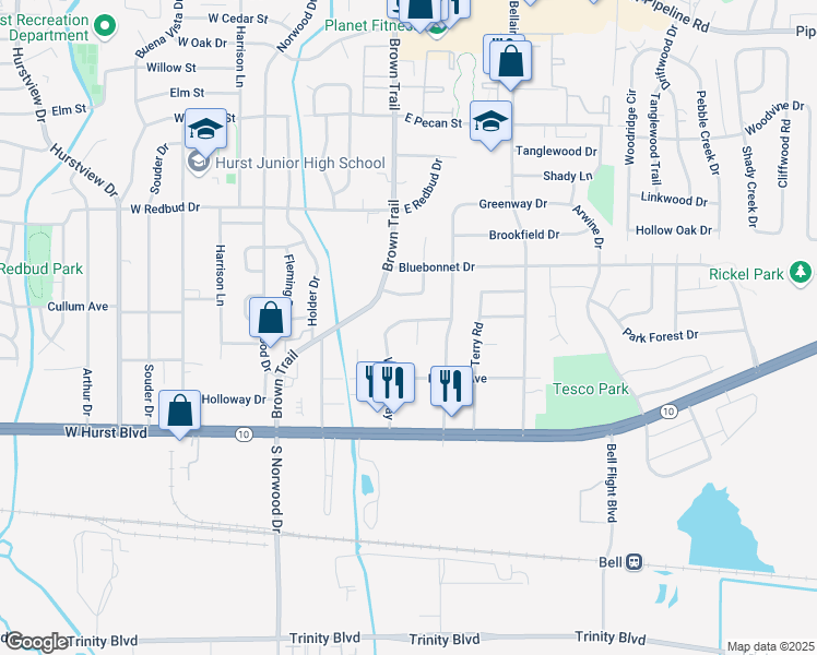 map of restaurants, bars, coffee shops, grocery stores, and more near 308 Wanda Way in Hurst