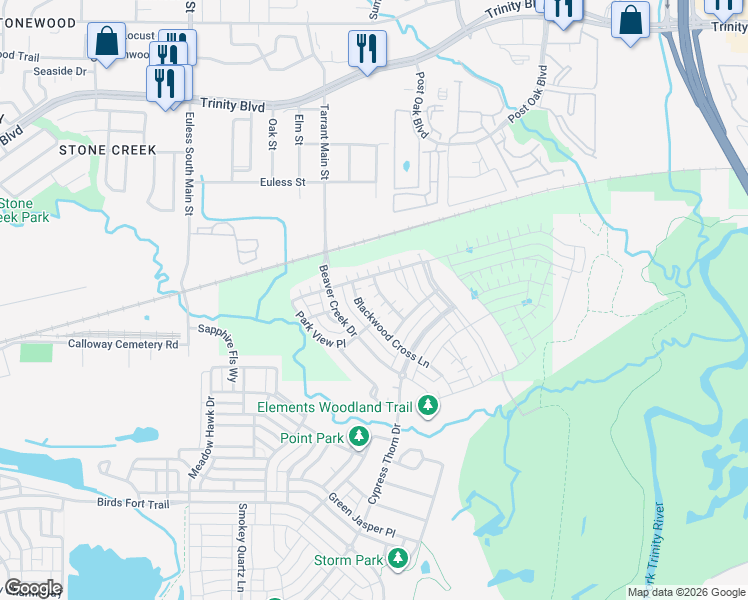 map of restaurants, bars, coffee shops, grocery stores, and more near 4822 Forest Crest Parkway in Arlington