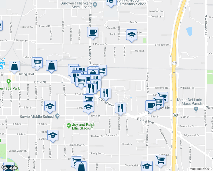 map of restaurants, bars, coffee shops, grocery stores, and more near 1126 Perry Street in Irving
