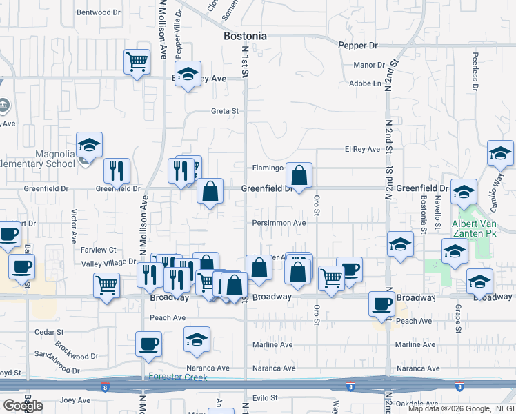 map of restaurants, bars, coffee shops, grocery stores, and more near 1255 Jeannine Lane in El Cajon