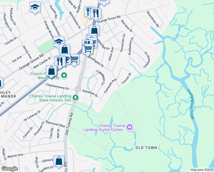 map of restaurants, bars, coffee shops, grocery stores, and more near 1631 Carterett Avenue in Charleston
