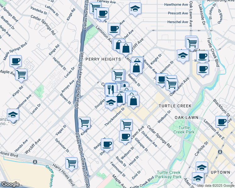 map of restaurants, bars, coffee shops, grocery stores, and more near 4100 Cedar Springs Road in Dallas