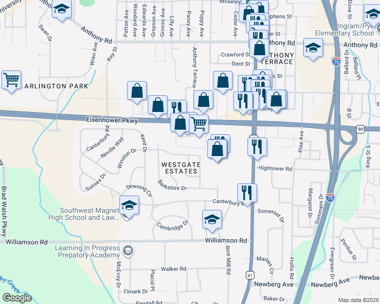 map of restaurants, bars, coffee shops, grocery stores, and more near 1601 Winston Drive in Macon