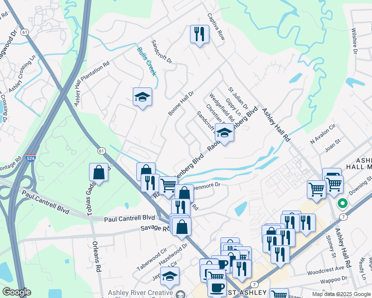 map of restaurants, bars, coffee shops, grocery stores, and more near 1826 Mepkin Road in Charleston