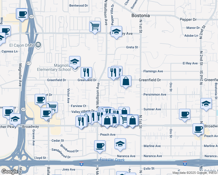 map of restaurants, bars, coffee shops, grocery stores, and more near 1223 Denver Lane in El Cajon